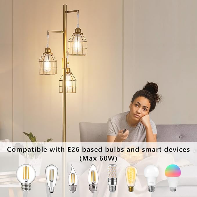9MMML Golden Dimmable Floor Lamp,Industrial Gold Farmhouse Tall Standing Lamp for Living Room, Bedroom Office,3 Teardrop Cage Lampshade,3 LED Bulbs Inculded, 68'' Tall - LeafyLoom