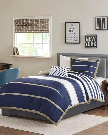 Mi Zone Ashton Casual Comforter Set, Vibrant Colorblock Design, Modern Bedding Geometric Stripes All Season Cover, Matching Shams, Decorative Pillow, Twin/Twin XL, Khaki/Navy, 3 Piece - LeafyLoom