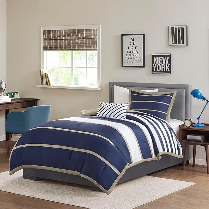 Mi Zone Ashton Casual Comforter Set, Vibrant Colorblock Design, Modern Bedding Geometric Stripes All Season Cover, Matching Shams, Decorative Pillow, Twin/Twin XL, Khaki/Navy, 3 Piece - LeafyLoom