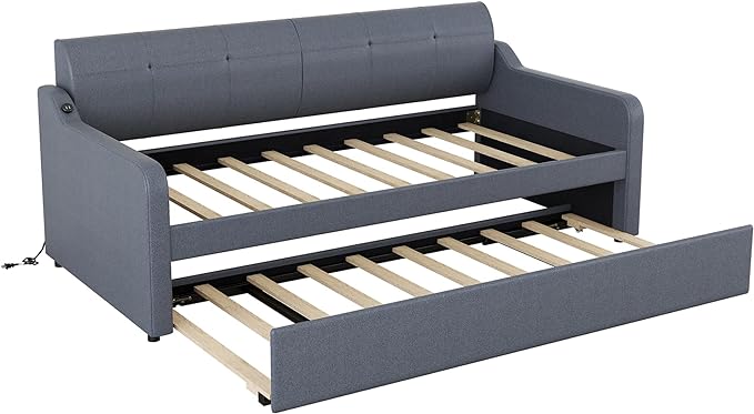 Twin Size Daybed Frame with Pop-up Trundle,Upholstered Day Bed Twin with Charging Station,Wood Sofa Bed Frame with USB for Bedroom,Living Room,Guest(Twin,Gray) - LeafyLoom
