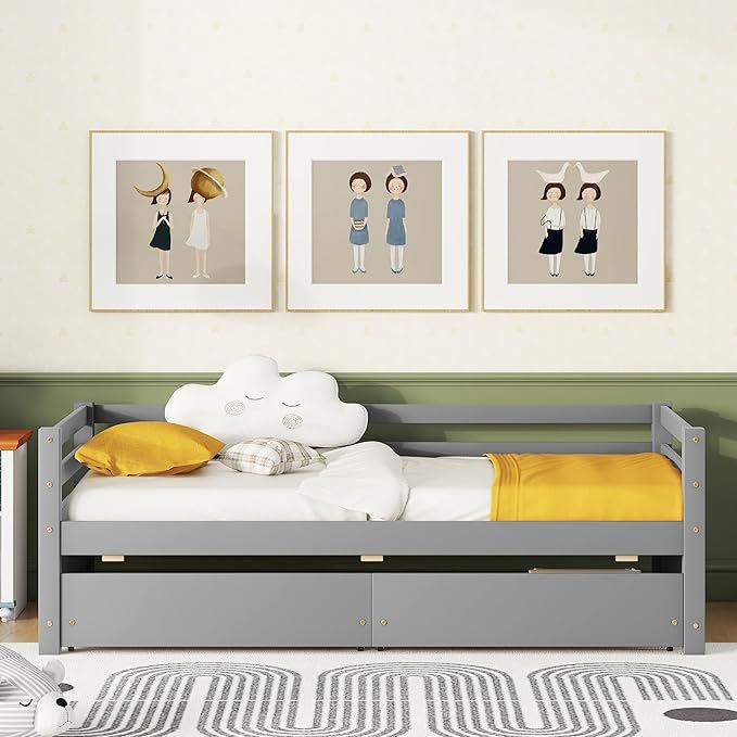 Bellemave Daybed with Two Storage Drawers Wood Day Bed, Sofa Bed Frame with Storage Drawers Daybed Couch with Storage Bed for Living Room Bedroom （Gray） - LeafyLoom