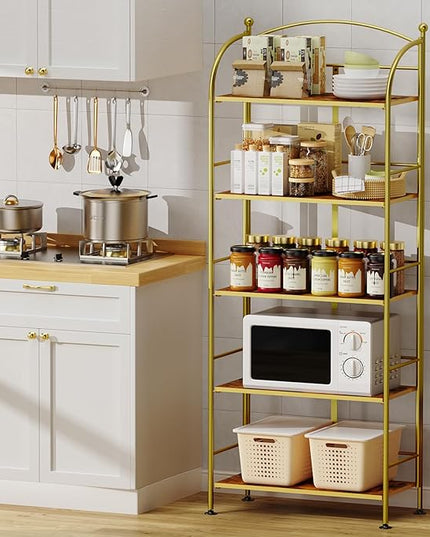 FRAPOW Folding Bookshelf No Assembly, 5 Tier Shelf Gold Collapsible Bookcase, Arched Metal Display Tall Book Shelf with Storage Shelves for Bedroom, Living Room, Home Office, Dorm - LeafyLoom
