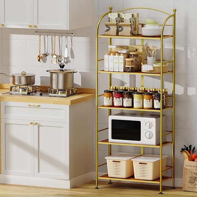 FRAPOW Folding Bookshelf No Assembly, 5 Tier Shelf Gold Collapsible Bookcase, Arched Metal Display Tall Book Shelf with Storage Shelves for Bedroom, Living Room, Home Office, Dorm - LeafyLoom