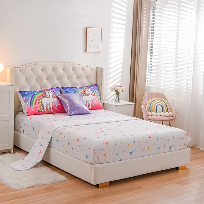 Aimuan Girls Unicorn Comforter Set 6 Pieces Pink Purple Bedding Set with Rainbow Star Galaxy Stars Fantasy Children Room Decor Soft Reversible Bed Sets for Boys/Girls/Teens (Pink-purple Full6Pcs) - LeafyLoom