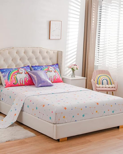 Aimuan Girls Unicorn Comforter Set 6 Pieces Pink Purple Bedding Set with Rainbow Star Galaxy Stars Fantasy Children Room Decor Soft Reversible Bed Sets for Boys/Girls/Teens (Pink-purple Twin6Pcs) - LeafyLoom