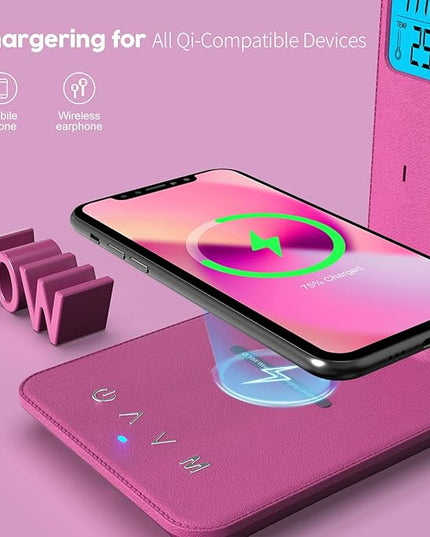 poukaran Desk Lamp, LED Desk Lamp with Wireless Charger, USB Charging Port, Table Lamp with Clock, Alarm, Date, Temperature, Office Lamp, Desk Lamps for Home Office, Pink - LeafyLoom