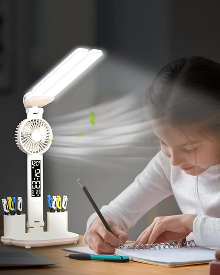 Desk lamp, LED Desk Lamps with Fans, USB Charging Port, Adjustable Foldable Table Lamp with Clock, Date, Fan, Pen Holder, Temperature, Step-less dimming Lighting, Home Office Desk Lamp - LeafyLoom
