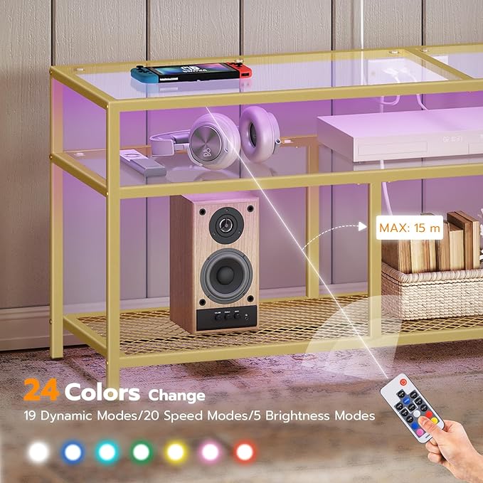 HOOBRO Gold TV Stand, Rectangular LED TV Stand with Power Outlets to 65'', Modern Glass Entertainment Center with Open Shelves, Media TV Console Table for Living Room, Bedroom, Gold GD49UDDS01 - LeafyLoom