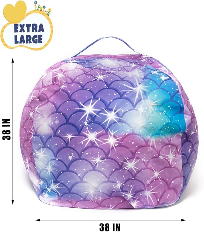 Stuffed Animal Storage Bean Bag Chair Cover, Hold Kids Plush Toys Blankets Towels Beanbag (Cover Only), Floor Circle Stuff Sit Seat Sofa with YKK Zipper, Extra Large 38", Classic Mermaid - LeafyLoom