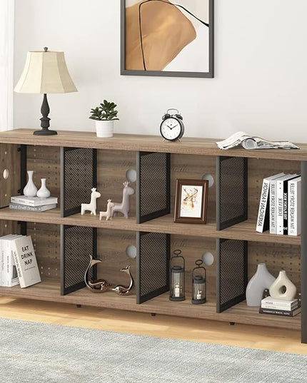 LVB Industrial Horizontal Bookshelf, 4 5 6 7 8 Cube Storage Organizer Bookcase, Modern Wide Large Book Shelf for Bedroom Living Room, Rustic Low Long Wood Metal Office Cubby Shelf, Rustic Oak, 63 Inch - LeafyLoom