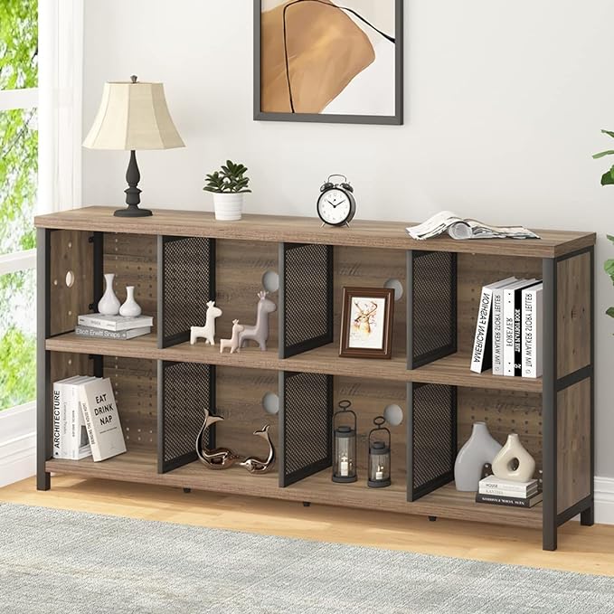 LVB Industrial Horizontal Bookshelf, 4 5 6 7 8 Cube Storage Organizer Bookcase, Modern Wide Large Book Shelf for Bedroom Living Room, Rustic Low Long Wood Metal Office Cubby Shelf, Rustic Oak, 63 Inch - LeafyLoom