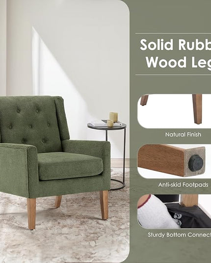 COLAMY Mid-Century Accent Chairs, Modern Wingback Living Room Chair, Upholstered Armchair with Button Tufted Back and Wood Legs for Bedroom/Office/Reading Spaces, Green - LeafyLoom