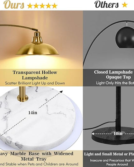 Gold Brass Arc Floor Lamp for Living Room - Mid Century Modern Standing Lamp, Overhanging Floor Lamps, Arch Stand Up Lamp & Floor Light with White Marble Base, Ideal for Bedroom Study Room - LeafyLoom