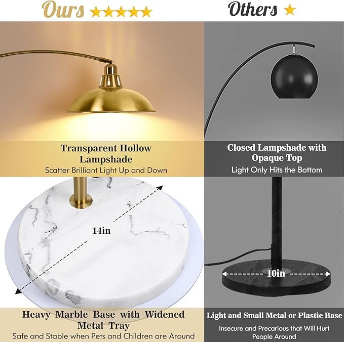 Gold Brass Arc Floor Lamp for Living Room - Mid Century Modern Standing Lamp, Overhanging Floor Lamps, Arch Stand Up Lamp & Floor Light with White Marble Base, Ideal for Bedroom Study Room - LeafyLoom