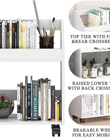 2-Tier Mobile Bookshelf, White Bookcase with Wheels, Rolling File Holder Desk File Book Organizer for Home Office Living Room School - LeafyLoom