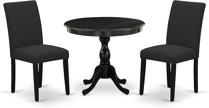 East West Furniture AMAB3-ABK-24 Antique 3 Piece Modern Dining Set Contains a Round Kitchen Table with Pedestal and 2 Black Color Linen Fabric Upholstered Chairs, 36x36 Inch - LeafyLoom