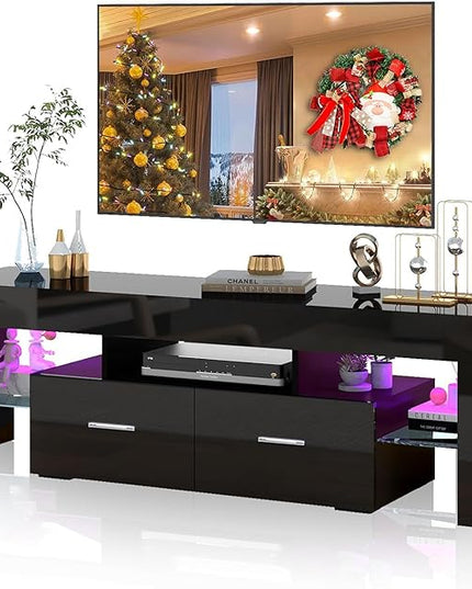 HOUAGI LED TV Stand for 50/55/60/65/70 Inch TVs,Modern Entertainment Center with Storage Drawer and Glass shelf, TV Console Table for Living room,Bedroom,Black - LeafyLoom