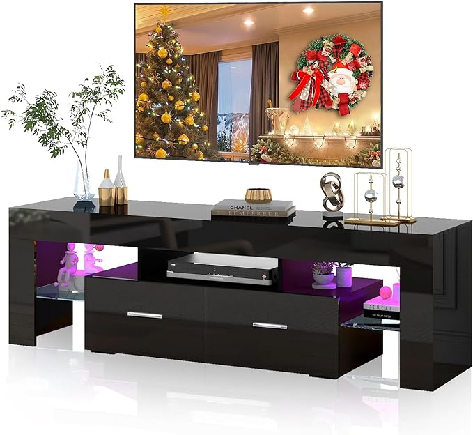 HOUAGI LED TV Stand for 50/55/60/65/70 Inch TVs,Modern Entertainment Center with Storage Drawer and Glass shelf, TV Console Table for Living room,Bedroom,Black - LeafyLoom