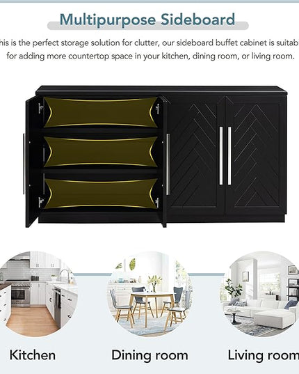 Wooden Sideboard with 4 Doors Large Storage Space,Buffet Cabinet,W/Adjustable Shelves and Silver Handles,Wear-Resistant Performance,for Kitchen,Dining Room,Hallway,Black, 60" - LeafyLoom