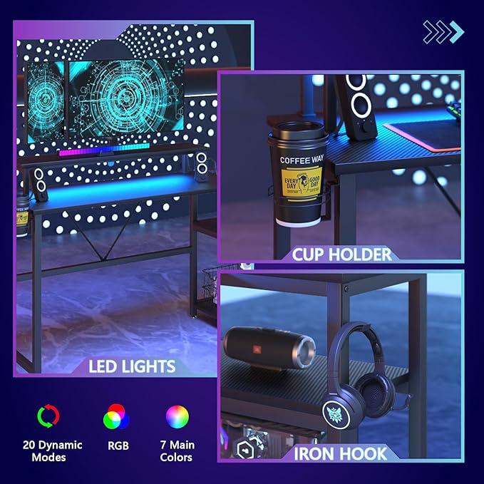 L Shaped Gaming Desk with Power Outlets & LED Strip Lights,Computer desk with Large Monitor Stand,Corner Desk with Storage Shelf,Headphone Hook&Cup Holder for Home Office - LeafyLoom