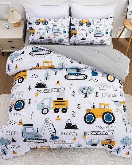 NTBED 5 Pieces Construction Truck Full Comforter Set for Boys Kids Forest Vehicles Excavator Lightweight Microfiber Bedding Sets - LeafyLoom