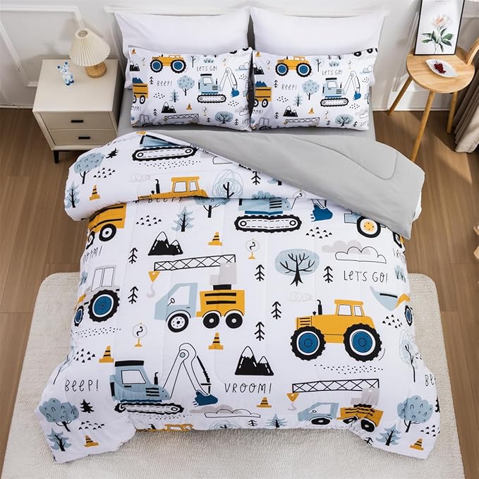 NTBED 5 Pieces Construction Truck Full Comforter Set for Boys Kids Forest Vehicles Excavator Lightweight Microfiber Bedding Sets - LeafyLoom