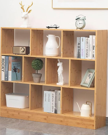 Maydear 47.24” Bamboo Bookshelf, 3 Tier Open Shelf Bookcases 10-Cube Bookshelf with Base, Freestanding Book Storage Organizer Display Shelf for Bedroom, Living Room, Home Office - LeafyLoom