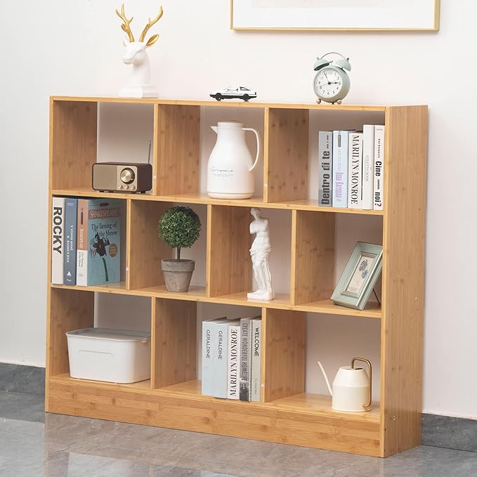 Maydear 47.24” Bamboo Bookshelf, 3 Tier Open Shelf Bookcases 10-Cube Bookshelf with Base, Freestanding Book Storage Organizer Display Shelf for Bedroom, Living Room, Home Office - LeafyLoom