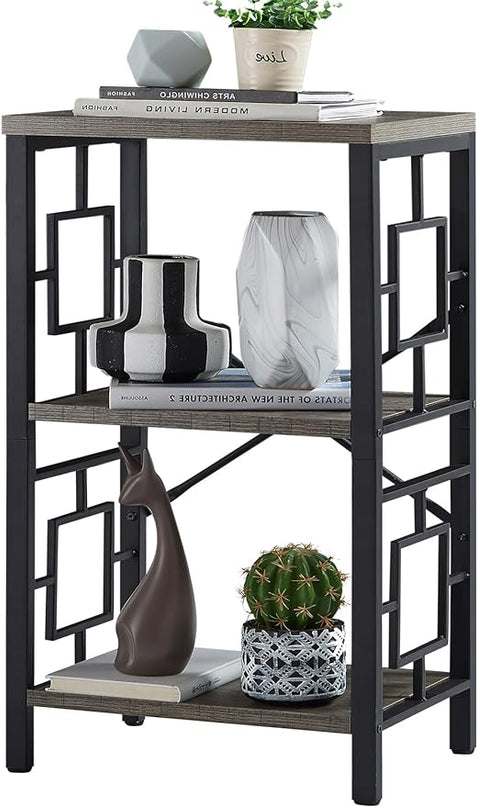 Small Bookshelf, 3 Tier Vintage Industrial Small Bookshelf for Small Spaces, Freestanding Open Shelf Bookcase, Versatile Bookshelf for Home Office, Bedroom & Living Room, Grey - LeafyLoom