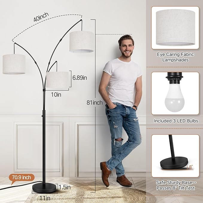 OUTON Arc Led Floor Lamp, Modern Black 3 Light Arched Tall Floor Lamp for Bedroom, 2400lm Mid Century Adjustable Standing Corner Lamps for Living Room Office, 3 LED Bulbs Included, Beige Lampshade - LeafyLoom