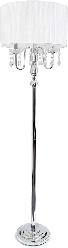 Elegant Designs LF1002-WHT Romantic Cascading Hanging Crystals Sheer Drum Shade Chrome Floor Lamp, White - LeafyLoom