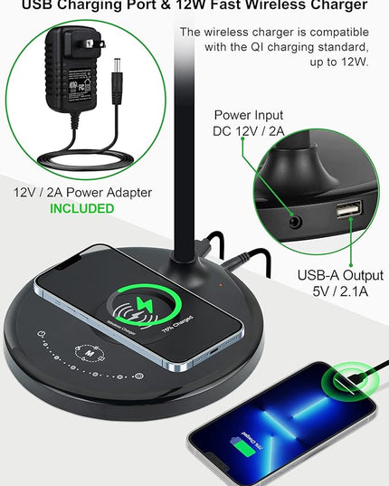 BOHON Desk Lamp, LED Desk Lamp with USB Charging Port, Wireless Charger Desk Light for Home Office, 5 Colors 7 Levels Brightness, Touch Table Lamp for Bedroom Bedside College Dorm Reading, Black - LeafyLoom