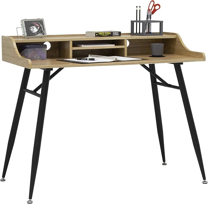 Calico Designs 51260 Woodford 45” Wide Modern, Secretary, Writing, Desk with Low Storage Hutch and Black Metal Tapered Legs in Ashwood, Black / Ashwood - LeafyLoom