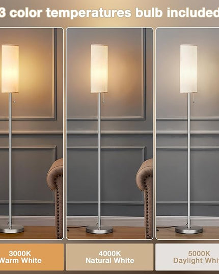 Ambimall Floor Lamp for Living Room with 3 Color Temperatures Bulb, 64" Standing lamp with Linen lampshade for Bedroom, Minimalist Pole Lamp, Beige Shade & Silver Pole - LeafyLoom