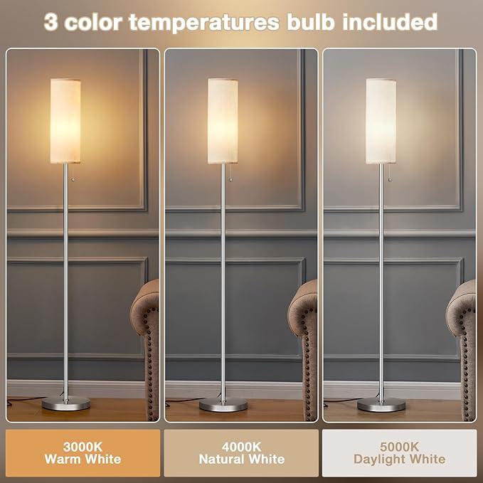 Ambimall Floor Lamp for Living Room with 3 Color Temperatures Bulb, 64" Standing lamp with Linen lampshade for Bedroom, Minimalist Pole Lamp, Beige Shade & Silver Pole - LeafyLoom