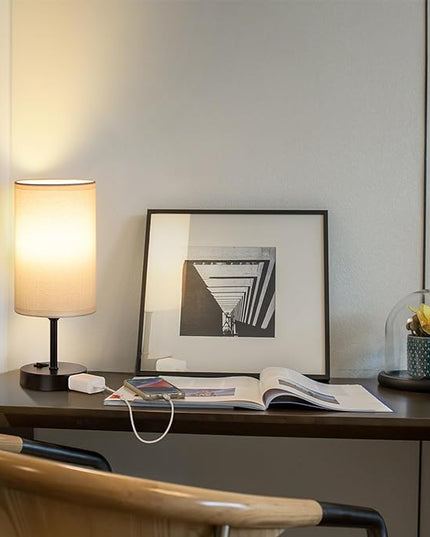 GGOYING Bedside Table Lamp,3-Color Temperature Table Lamp with 2700K/3500K/5000K LED Bulb and AC Outlet, Small Lamp with Round White Fabric Shade for Bedroom - LeafyLoom