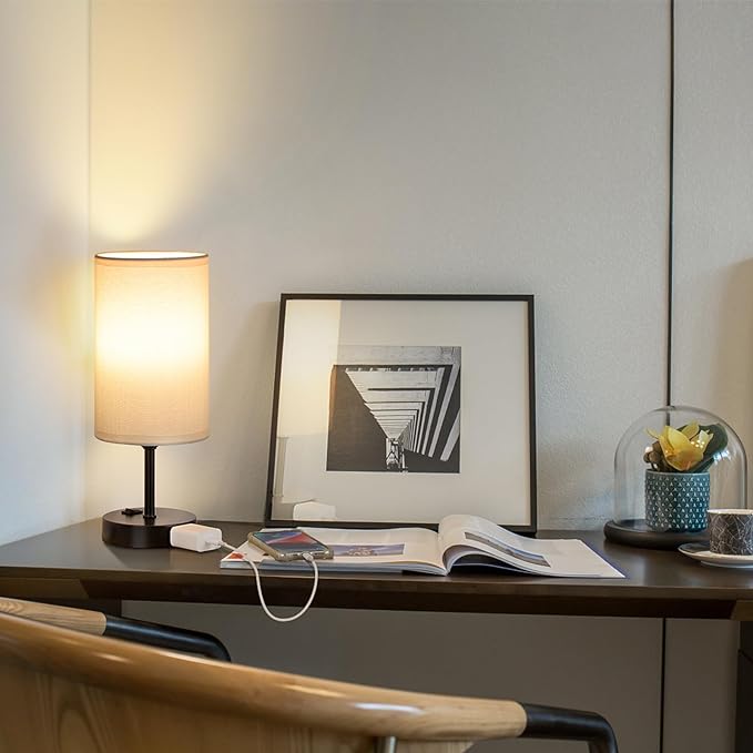 GGOYING Bedside Table Lamp,3-Color Temperature Table Lamp with 2700K/3500K/5000K LED Bulb and AC Outlet, Small Lamp with Round White Fabric Shade for Bedroom - LeafyLoom