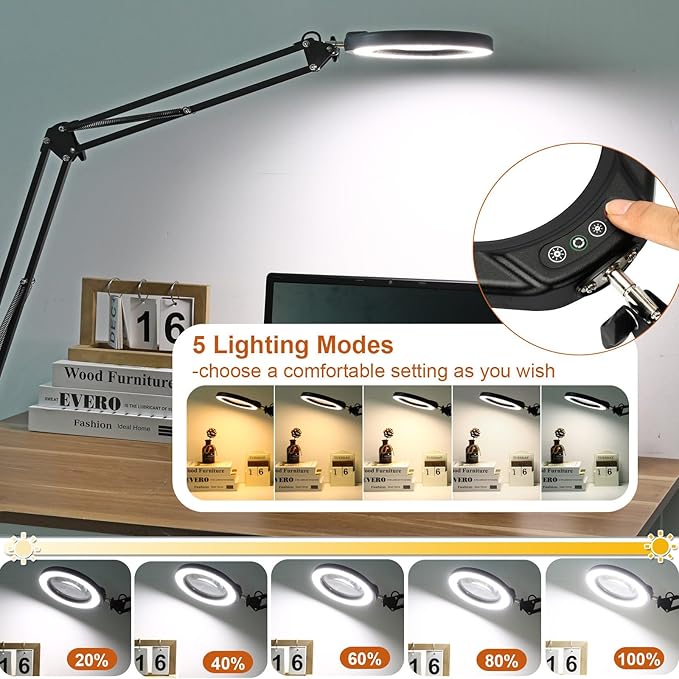 VEEMAGNI 5 Inch Large Magnifying Glass with Light and Stand, 5 Color Modes Stepless Dimmable, 2*16 Inch Swivel Arm LED Clamp Desk Lamp, Hands Free 8X Lighted Magnifier for Close Work Crafts Soldering - LeafyLoom