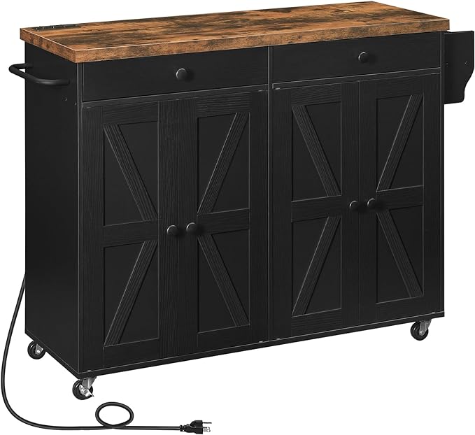 HOOBRO 43.3 Inch Kitchen Island with Charging Station, Rolling Kitchen Island with Storage, Kitchen Island Cart with Spice Rack and Hooks, for Kitchen, Living Room, Rustic Brown and Black BF11UZD01 - LeafyLoom