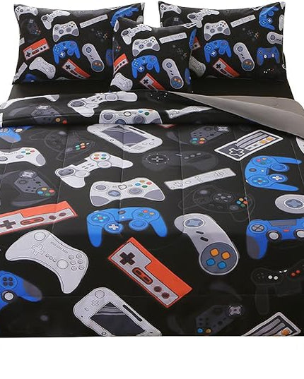 JQinHome Queen Gamer Comforter Set for Boys,6 Piece Bed in A Bag 3D Video Game Bedding -All Season Soft Microfiber Down Alternative Comforter Gamer Bedding Sets for Kids(Gamepad Collection) - LeafyLoom