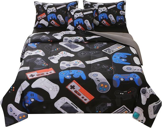 JQinHome Full Gamer Comforter Set for Boys,6 Piece Bed in A Bag 3D Video Game Bedding -All Season Soft Microfiber Down Alternative Comforter Gamer Bedding Sets for Kids(Gamepad Collection) - LeafyLoom