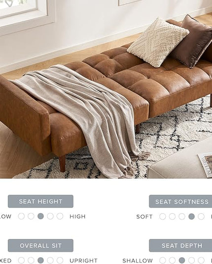 mopio Aaron Couch, Small Sofa, Futon, Sofa Bed, Sleeper Sofa, Loveseat, Mid Century Modern Futon Couch, Sofa Cama, Couches for Living Room, Bedroom (Pecan Brown, Faux Leather) - LeafyLoom