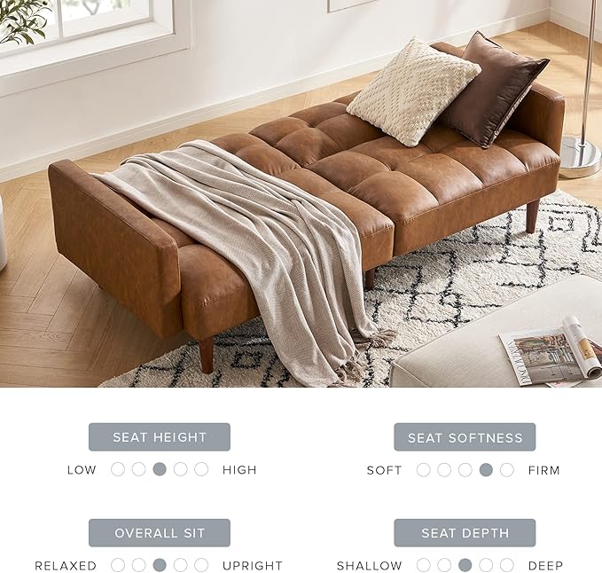 mopio Aaron Couch, Small Sofa, Futon, Sofa Bed, Sleeper Sofa, Loveseat, Mid Century Modern Futon Couch, Sofa Cama, Couches for Living Room, Bedroom (Pecan Brown, Faux Leather) - LeafyLoom
