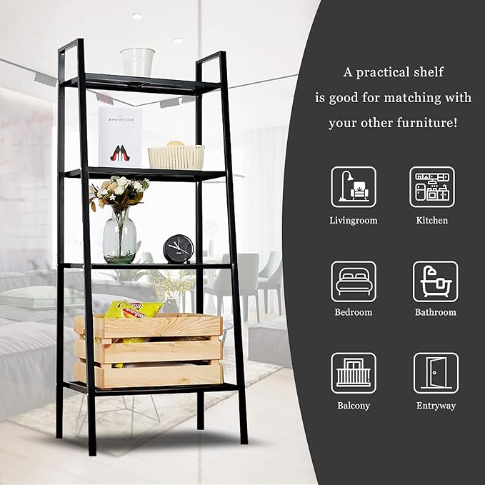 4-Tier Metal Ladder Shelf, Black Ladder Bookshelf Multifunctional Ladder-Shaped Plant Flower Stand Industrial Organizer Rack Storage Shelves for Living Room, Bedroom, Office - LeafyLoom
