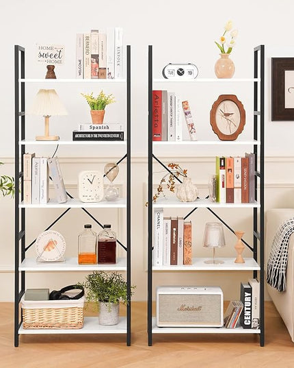 Yoobure 5 Tier Bookshelf - Tall Book Shelf Modern Bookcase for CDs/Movies/Books, Rustic Book Case Industrial Bookshelves Book Storage Organizer for Bedroom Home Office Living Room White - LeafyLoom