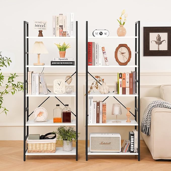 Yoobure 5 Tier Bookshelf - Tall Book Shelf Modern Bookcase for CDs/Movies/Books, Rustic Book Case Industrial Bookshelves Book Storage Organizer for Bedroom Home Office Living Room White - LeafyLoom