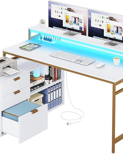YITAHOME L Shaped Desk with Drawers, 55" Corner Computer Desk with Power Outlets & LED Lights, Large L-Shaped Office Desk with File Cabinet, White & Gold - LeafyLoom
