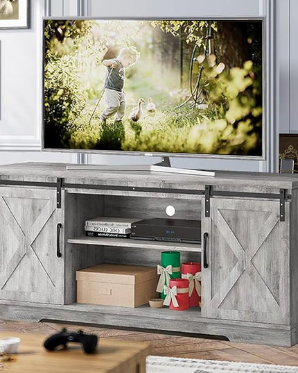 Farmhouse TV Stand for 65 Inch TV Entertainment Center TV Media Console Cabinet, Grey TV Stand with Storage, Barn Doors and Shelves, Tall Modern TV Console Table Furniture for Living Bedroom - LeafyLoom