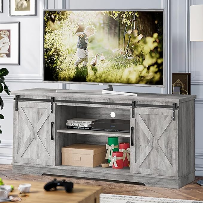 Farmhouse TV Stand for 65 Inch TV Entertainment Center TV Media Console Cabinet, Grey TV Stand with Storage, Barn Doors and Shelves, Tall Modern TV Console Table Furniture for Living Bedroom - LeafyLoom