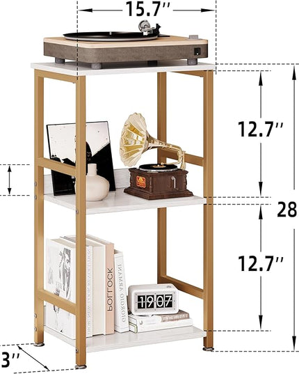 Small Bookshelf for Small Spaces, 3 Tier White and Gold Bookcase Night Stand, Narrow Gold Bedside Book Shelf, Short Bookshelf Storage Organizer for Bedroom, Living Room, Home, Office, White&Gold - LeafyLoom